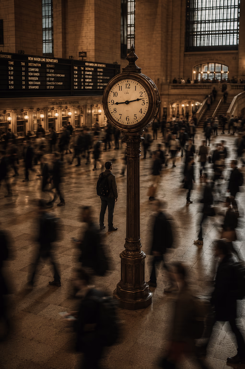 The Grand Central Terminal clock with commuters moving through the concourse.